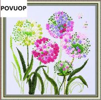 Povuop ริบบิ้นเย็บปักถักร้อย45X45ซม. ภาพวาดกระเป๋าครอสติชเต้น