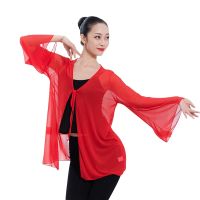 【cw】 Classical Shirt Gauze V Neck Sleeve See Through Loose Practice Dancewear 【hot】