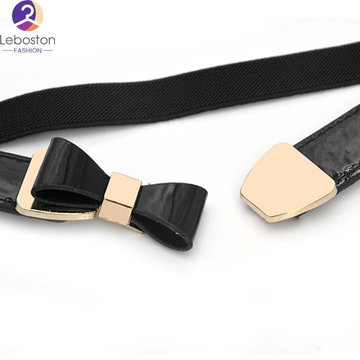 leboston-เข็มขัด-lady-simple-elastic-thin-waistband-bowknot-interlock-buckle-pu-leather-belt-cummerband