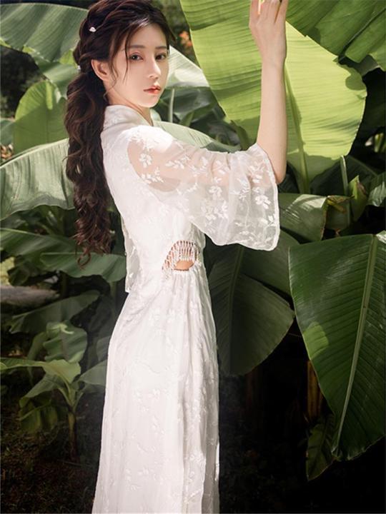 ถนนทอดซูเปอร์นางฟ้าชุดยาวสไตล์จีนและตะวันตกที่ดีขึ้น-cheongsam-รักครั้งแรกกระโปรงสีขาวขนาดเล็กเอวกลวงออกชุดย้อนยุค