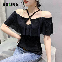 AOLINA 2023เสื้อยืดคอกลมผ้าตาข่ายคลุมเซ็กซี่แบบเส้นเดียวสำหรับดีไซน์ดั้งเดิมใหม่ฤดูใบไม้ผลิและฤดูร้อนเสื้อสีทึบผู้หญิงแขนสั้น