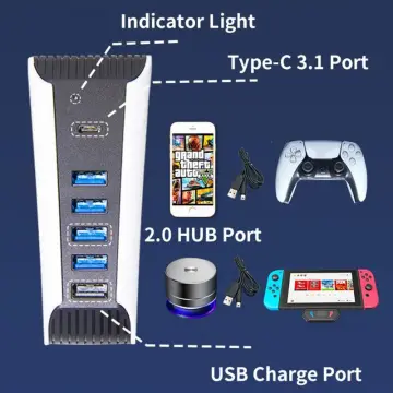 PS5 USB hub, USB 2.0 High-Speed Expansion Adapter, A USB Charging Port and  4 USB Extension Ports,Perfect USB Hub Designed for PS5 (White) 