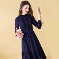 EVNISI French Fashion Chiffon Navy Dress Mid-length 2022 Spring And Summer New Elegant Ruffles Dresses Solid Casual Vestidos