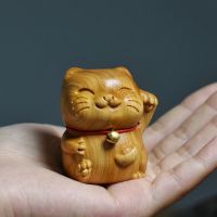 Wooden Carving Lucky Cat Bell Ornaments Cute Smile Cat Creative Home Study Desktop Decoration Animal Crafts Handicraft Gift