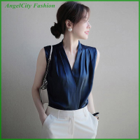 ร้านแฟชั่น AngelCity Kemeja Tanpa Lengan หรูหราของผู้หญิงคอวีเสื้อซาติน Atasan Sifon เสื้อสีขาว