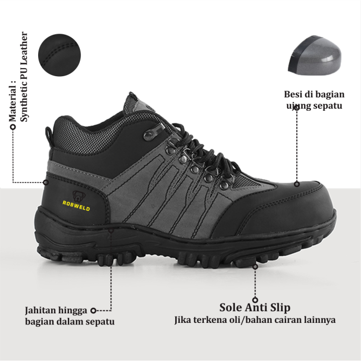 Sepatu Safety Pria Boots Pendek Ujung Besi Sefty Proyek Lapangan Outdoor Hiking Warna Abu