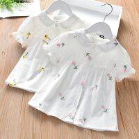 เสื้อเบลาส์สีขาวสำหรับเด็กผู้หญิง,เชิ้ตแขนสั้นลายดอกไม้