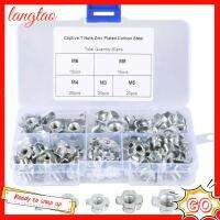 LANGTAO 90Pcs M3/M4/M5/M6/M8 ที-นัทส์ มี5ขนาด เหล็กคาร์บอนชุบสังกะสี 4 pronged NUTS Assortment KIT พร้อมกล่องเก็บของ น็อตสี่กรงเล็บ ไม้สำหรับไม้