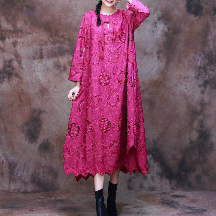 xitao-dress-hollow-out-jacquard-vintage-long-sleeve-dress