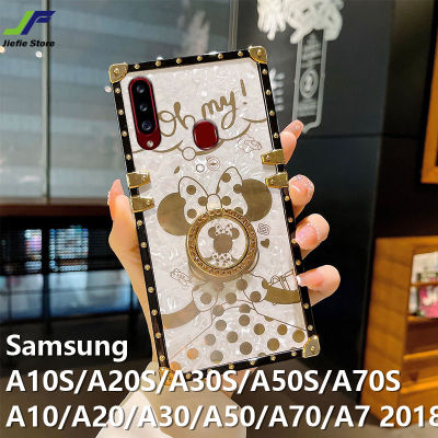 JieFie Square Luxury สำหรับ Samsung Galaxy A10S / A20S / A30S / A50S / A70S / A10 / A20 / A30 / A50 / A70 / A7 2018การ์ตูนน่ารัก Minnie คู่กรณี Chrome เงา Soft TPU โทรศัพท์ฝาครอบ + ขาตั้งแหวน