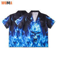 WOMA เสื้อปกแขนสั้นของผู้ชาย พิมพ์ลายไฟสีน้ำเงินกะโหลกคู่หลวม