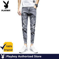 PLAYBOY กางเกงยีนส์ที่มีน้ำหนักเบาผู้ชายผอมลาย Denim Ripped หลุมล้าง Retro Hip-Hop ทำงานกางเกง Slim กางเกงยีนส์แต่งลายขาดๆ