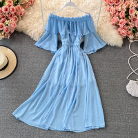 Casual Ruffled Chiffon Dresses for Women Trum Sleeve One-shoulder Long Beach Dress