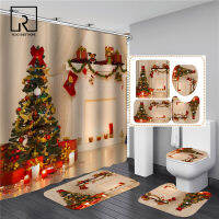 Christmas Trees Printed Shower Curtains for Bathroom Bathing Screen with Anti-slip Mat Car Toilet Partition 3D Festival Decor