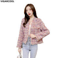 High-quality tweed plaid Coat Womens Spring New Korean version Temperament tassel short Top womens V-neck retro elegant Jacket