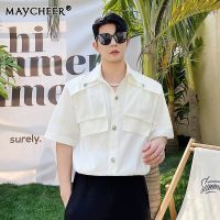 MAYCHEER   เสื้อแฟชั่นเสื้อแขนสั้นของเด็กผู้ชายเสื้อแบบหลวมอินเทรนด์เสื้อเชิ้ตสไตล์เกาหลีสีทึบเสื้อเชิ้ตผู้ชายใหม่