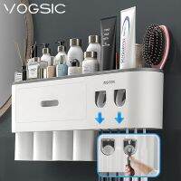 VOGSIC ชุดถ้วยเก็บของที่ใส่แปรงสีฟันติดผนังแบบแม่เหล็กมี2ที่บีบยาสีฟันสำหรับจัดวางในบ้านชุดอุปกรณ์สำหรับห้องน้ำ