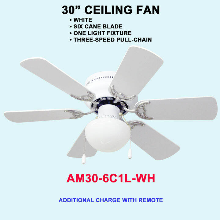 CEILING FAN 30'' Six CANE BLADE ONE LIGHT FIXTURE THREE SPEED FULL CHAIN american star AM306C1L