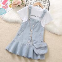 CUI YI SHOP denim suspender suit summer childrens dress little girl 2022 new short-sleeved two-piece