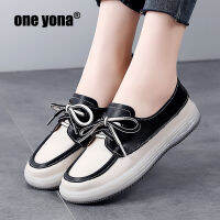 One Yona 2022ของแท้หนังกีฬารองเท้าผู้หญิงรองเท้าผ้าใบสุภาพสตรี Lace-Up Loafers หญิงนุ่มสบายๆกระชับรองเท้าสีขาว