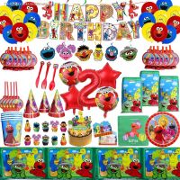 ❀☊ Sesame Street Party Supplies Elmo Theme Disposable Tableware Cup Plate Gift Bag Balloon Baby Shower For Kid Birthday Party Decor