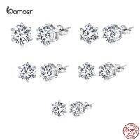 {Han ornaments}Bamoer 4/5/6/7/8Mm เงินแท้925ที่เรียบง่ายสี่/หกง่ามเงาเพทายคริสตัลหู S Tud E Arrings สำหรับผู้หญิงของขวัญเครื่องประดับ Fine