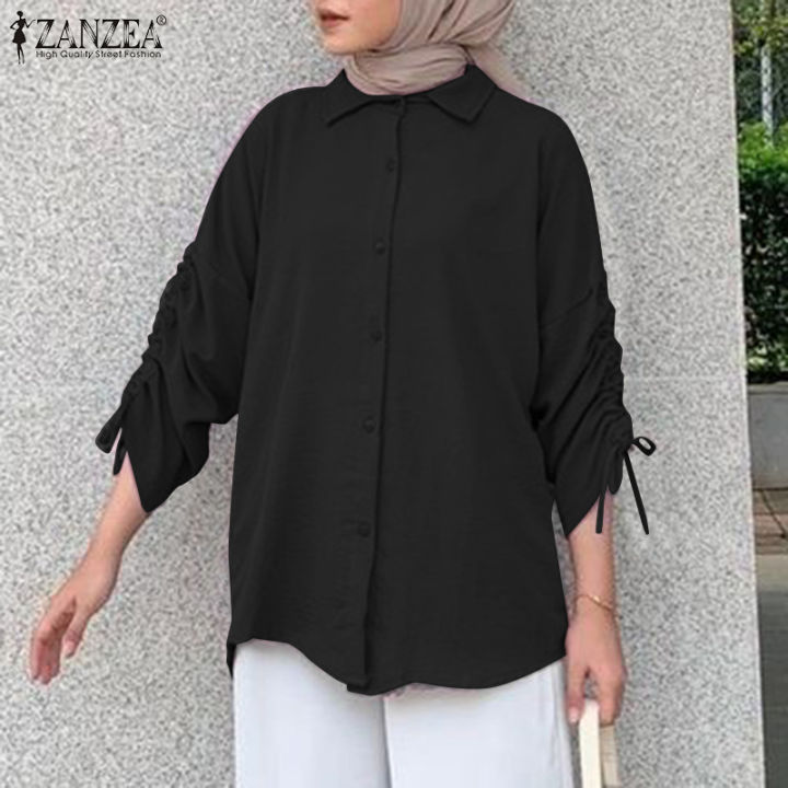 สินค้ามาใหม่-จัดส่งฟรี-fancystyle-zanzea-เสื้อผู้หญิงมุสลิม-เสื้อมีเชือกผูกเสื้อสตรีคอปกแขนยาวลำลองทรงหลวมติดกระดุม