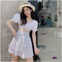 TW10542 Set เสื้อครอปแขนตุ๊กตา + กระโปรงระบายริ้ว