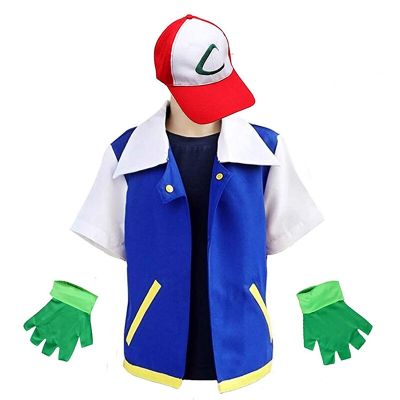 Men Anime Trainer Costume Boys Ash Ketchum Adult Cosplay For Girls Halloween Women Party Blue Jacket Cap And Gloves Sets