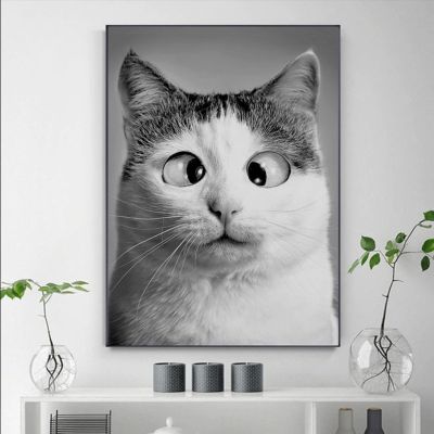 ☄✿ ภาพวาดผ้าใบแมวน่ารักตลกรูปสัตว์ตาโตโปสเตอร์คิตตี้และภาพพิมพ์ขาวดำสำหรับตกแต่งบ้านห้องเด็ก