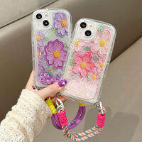 เคสโทรศัพท์ดอกไม้แวววาวภาพวาดสีน้ำมันไหลลื่นพร้อมเชือกคล้องมือสำหรับ iPhone 14 Pro Max 11 12 13 Pro Max ฝาหลังการไหลของของเหลว