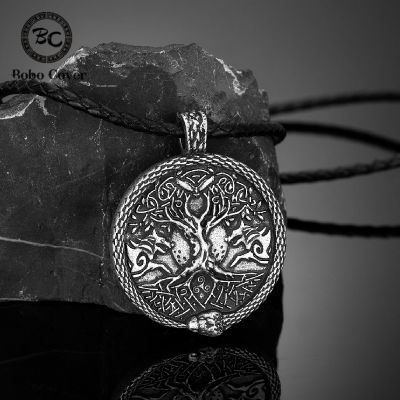 Viking Wolf Ouroboros Tree of Life Necklace Star Moon Norse Runes Pendant With Genuine Leather Rope Chain Male Antique Jewelry