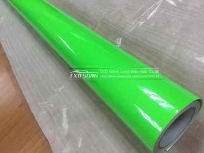 New Glossy Fluorescent Green Vinyl Sticker With air free bubble Fluorescent Vinyl Wrap Film With 3 Layers By free shipping