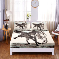 Ink Painting Digital Printed 3pc Polyester Fitted Sheet Mattress Cover Four Corners with Elastic Band Bed Sheet Pillowcases