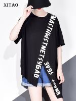 XITAO T-shirt Black Irregular Letter Print Women Casual Tee Top