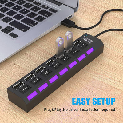 Eguan USB Hub 7พอร์ตอเนกประสงค์,USB อเนกประสงค์ไดรเวอร์-ฟรีประสิทธิภาพสูงแฟลชไดรฟ์สองหัวความเร็วสูงสูงพร้อมสวิตช์หลาย USB 2.0ฮับใช้อะแดปเตอร์ไฟอุปกรณ์เสริมสำหรับ PC ตัวขยาย USB ปฏิบัติ