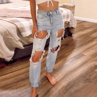 Women Ripped High Waist Jeans Straight Leg Slimming Denim Trousers Causal Vintage sequin jeans Full Length Hole New Loose Pants