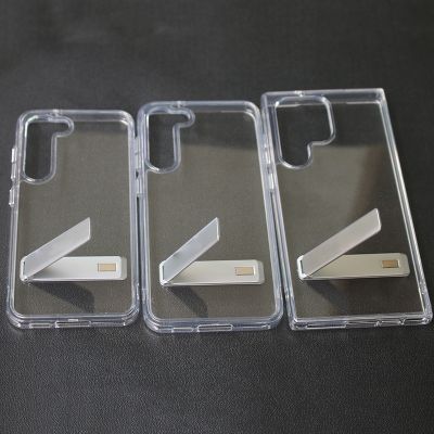 Casing cangkang braket mewah untuk SAMSUNG Galaxy S23 S22 Ultra Plus 5G Kickstand logam transparan cangkang Bumper tahan guncangan PC bening