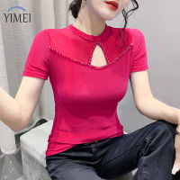 YIMEI เสื้อยืดแฟชั่นประดับลูกปัดสำหรับผู้หญิง,เสื้อยืดตาข่ายรูเซ็กซี่เข้ารูปพอดีขนาดใหญ่และสวยงามสำหรับฤดูร้อน2023