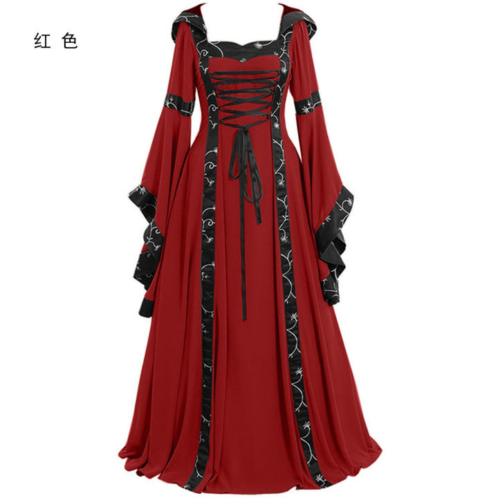 2020-european-and-american-medieval-retro-hooded-dress-square-collar-lace-up-trumpet-sleeve-large-swing-dress