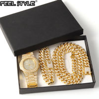 Necklace +Watch+Bracelet Hip Hop Miami Curb Cuban Chain Gold Plated Full Iced Out Paved Rhinestones CZ Bling For Men Jewelry Fashion Chain Necklaces