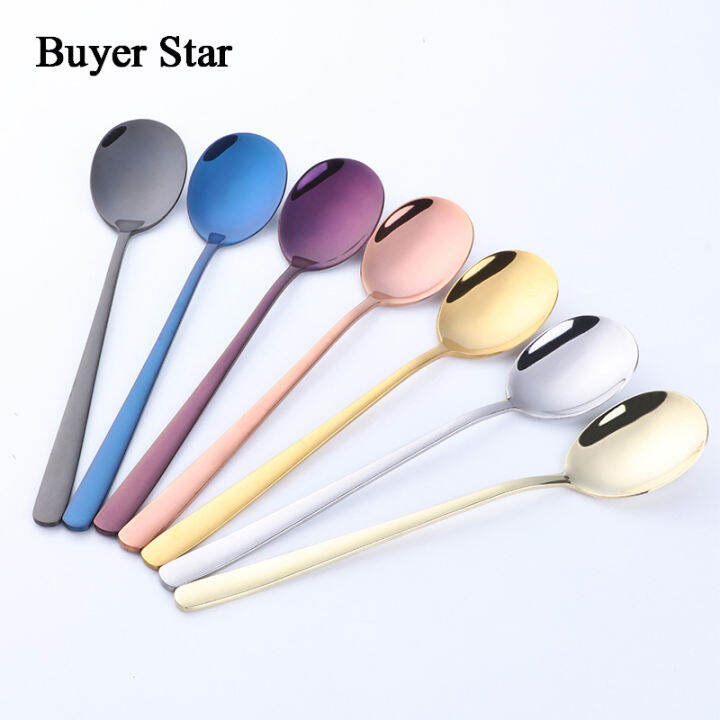 buyer-star-21cm-stainless-steel-dinner-spoon-6-piece-colorful-rainbow-long-handle-ice-cream-dessert-tea-coffee-spoon-flatware