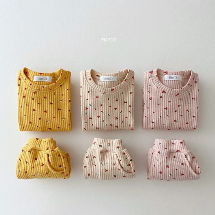 สไตล์เกาหลีฤดูใบไม้ร่วงใหม่เด็กทารกเด็กผู้หญิงชุดสีเหลือง-beige-สีชมพูดอกไม้รอบคอเสื้อยืดกางเกงชุดเด็ก-e023