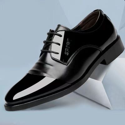 Leather Shoes Mens 2022 New Youth Pointed Toe Bright Business Dress Shoes Lace Up To Work Office Work Mens Shoes
