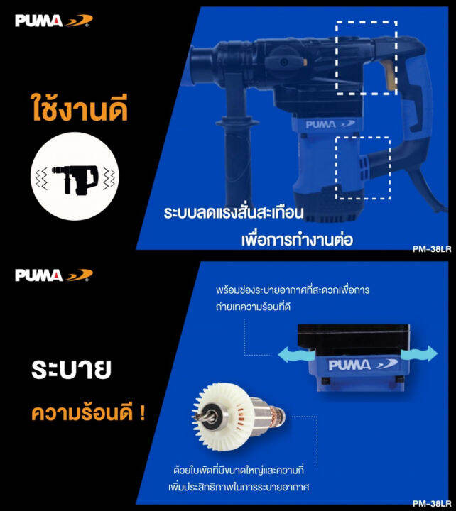 สว่านโรตารี่-2ระบบ-เน้นงานปูน-ขนาด-38mm-กำลัง-1200วัตต์-แรงกระแทก-14จูลล์-puma-รุ่น-pm-38lr-รับประกัน-1ปี