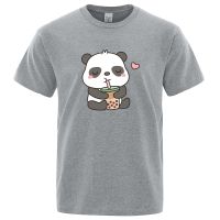 Panda Indulging In Bubble Tea Man T Shirt Cotton Wear Cartoon Loose Mens T Gildan