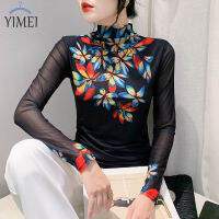 YIMEI เสื้อซับในลายตาข่ายสำหรับผู้หญิง,ใหม่เสื้อยืดแขนยาวพิมพ์ลาย2023แฟชั่นฤดูใบไม้ร่วงเสื้อแนบเนื้อ