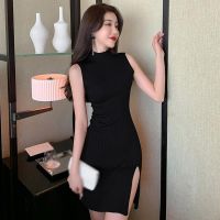 COD SDFGERTYTRRT Womens Half Turtleneck Dress Side Split Sleeveless Knitted Sexy Dress