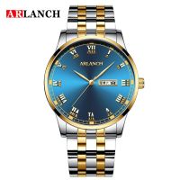 Mens watches waterproof double calendar week between gold stainless steel quartz watch Roman scale model of three stitches male table --Mens Watch238812►☊