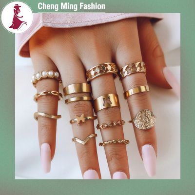 Cheng Ming แหวนอัลลอยสำหรับผู้หญิง13ชิ้น,แหวนแฟชั่นชุดแหวนมุกฝังเลขาคณิตสำหรับเป็นของขวัญเครื่องประดับ
